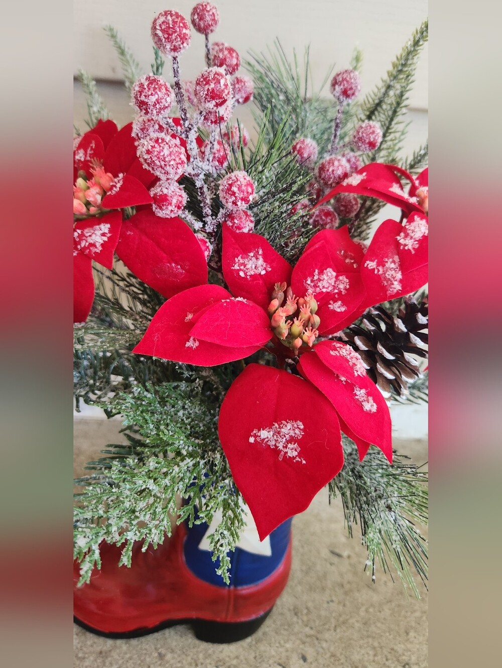 Festive Texas Cowboy Boot Faux Poinsettia Pine Bouquet Christmas Decor - Picture 4 of 11